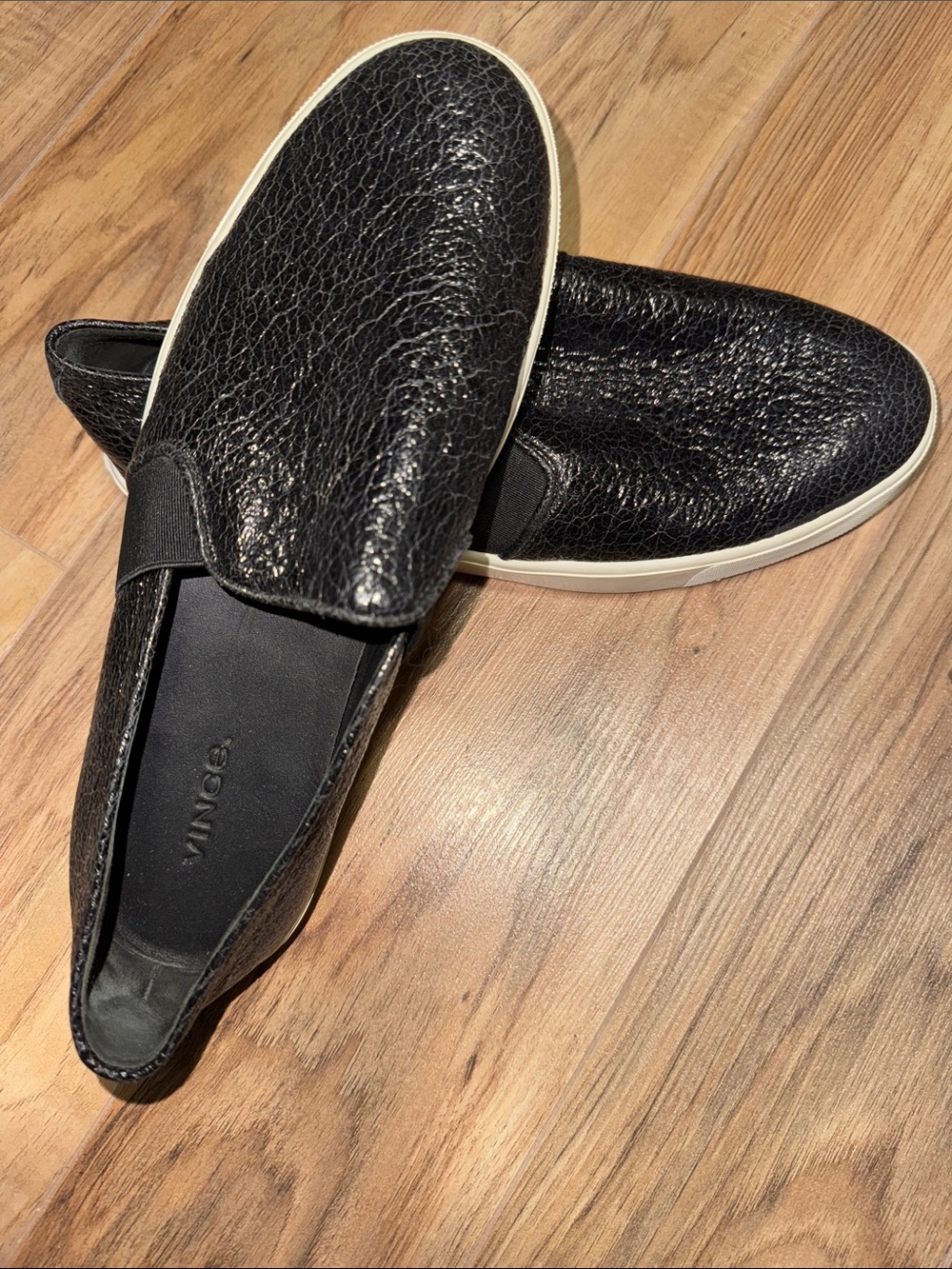 Vince Black Textured Leather Slip-On Sneakers with White Sole